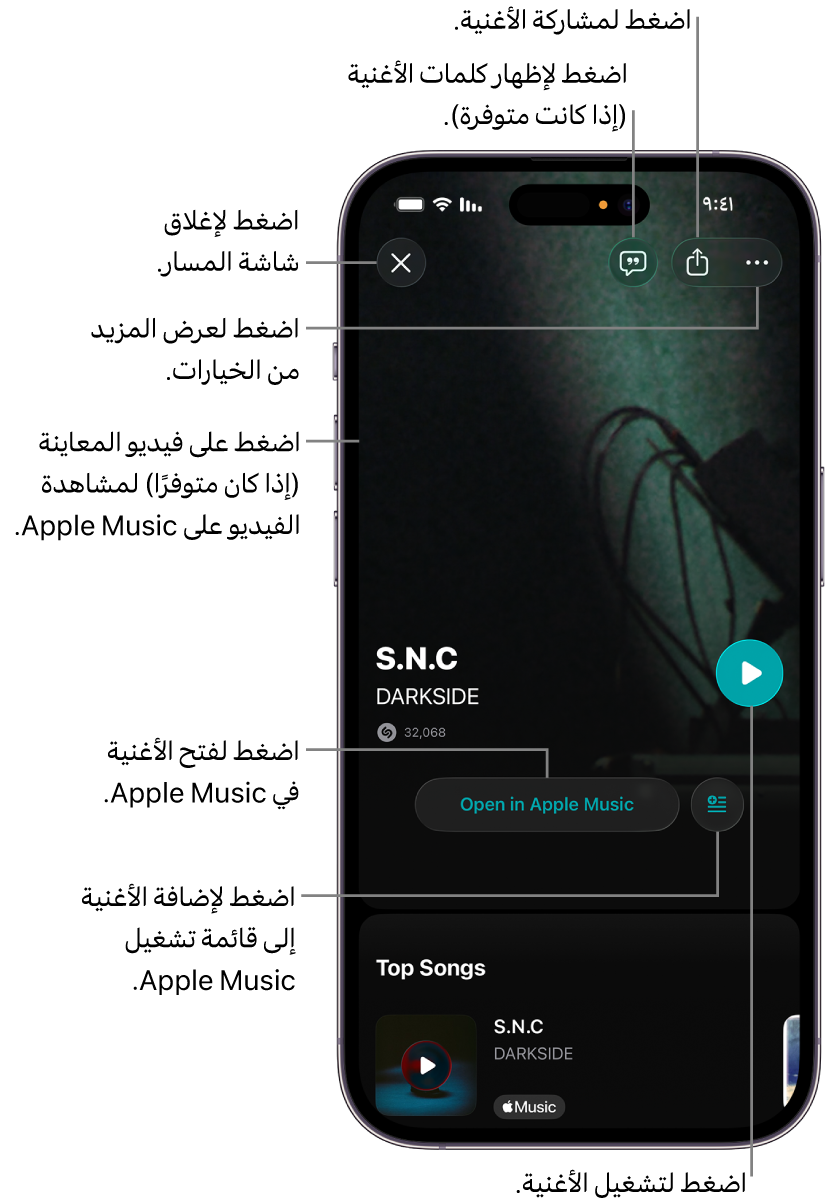 عناصر التحكم في شاشة المسار على iPhone
