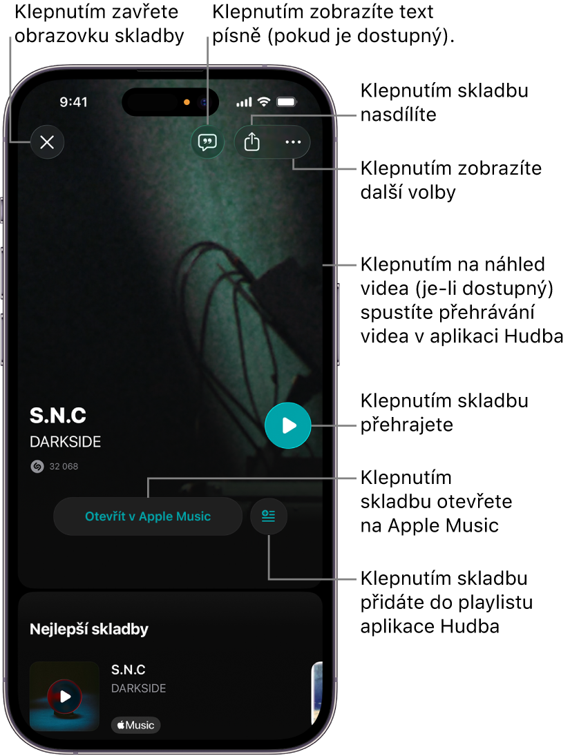 Ovládací prvky na obrazovce skladby na iPhonu