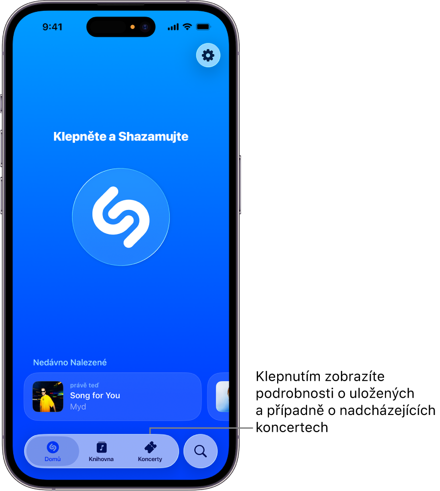 Domovská stránka v Shazamu s tlačítkem Koncerty