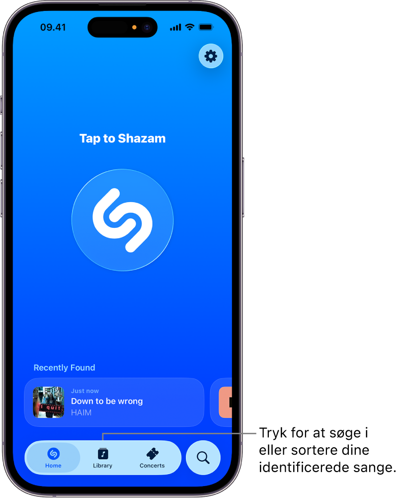Hjemmeskærmen i Shazam-appen, der viser knappen Library (Bibliotek)