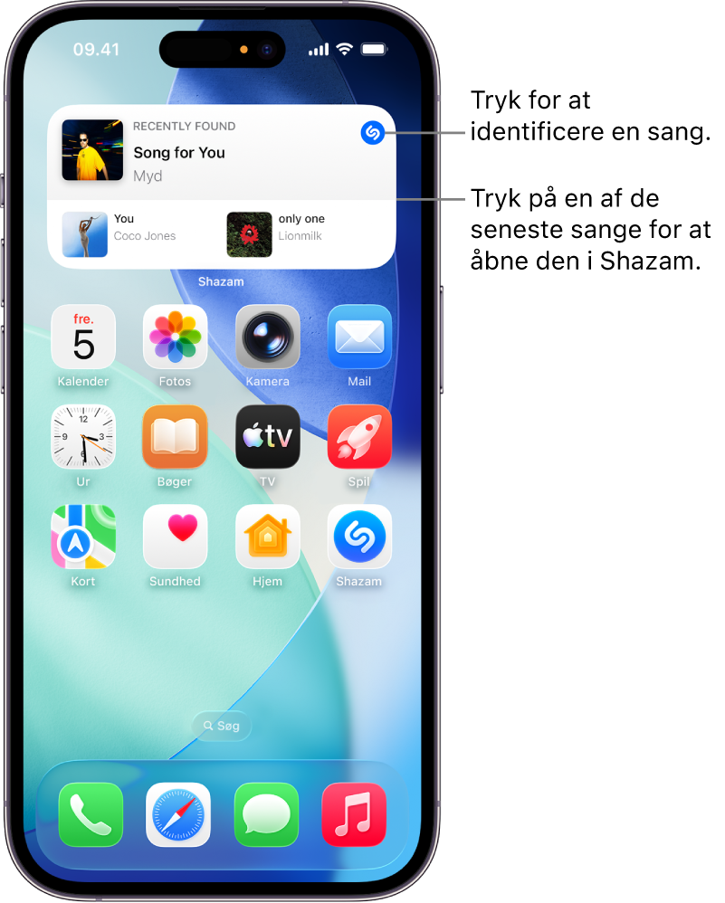 Hjemmeskærmen på iPhone viser Shazam-widgetten