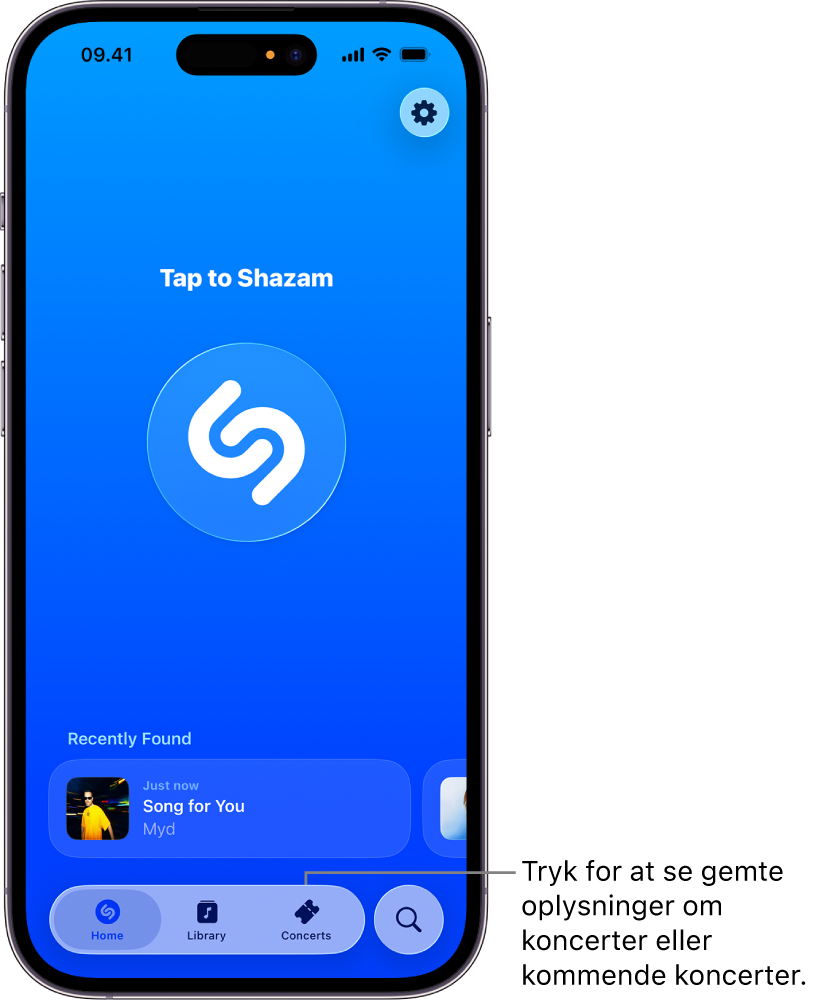 Hjemmeskærmen i Shazam-appen viser knappen Concerts (Koncerter)