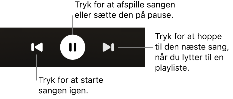 Betjeningsmuligheder til afspilning på skærmen Now Playing (Afspiller nu), herunder knappen Back (Tilbage), Play/Pause (Afspil/Pause) og Next (Næste)