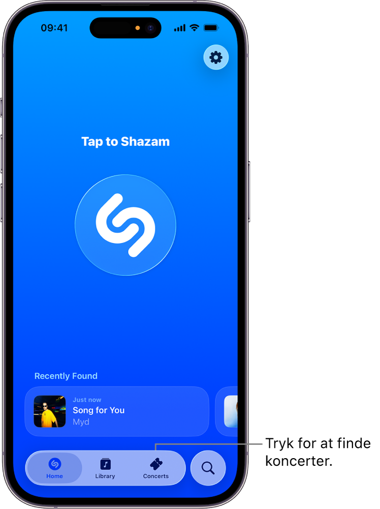 Hjemmeskærmen i Shazam-appen, der viser knappen Concerts (Koncerter)