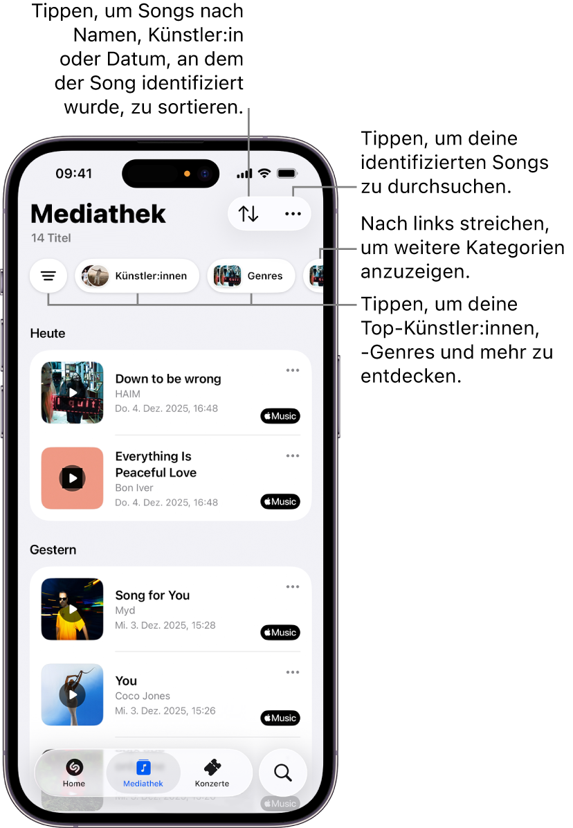 Die Mediathek in der App „Shazam“ mit Such- und Sortieroptionen
