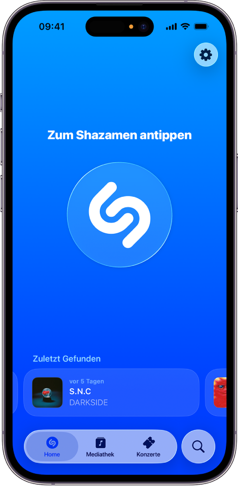 Home-Bildschirm der Shazam-App
