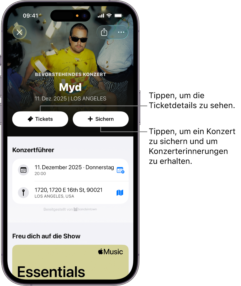 Der Konzertleitfaden der Shazam-App zeigt die Tasten „Tickets“ und „Sichern“ an.