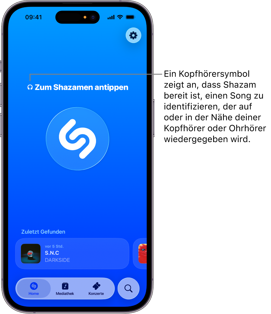 Der Home-Bildschirm der App „Shazam“ mit verbundenen Kopfhörern