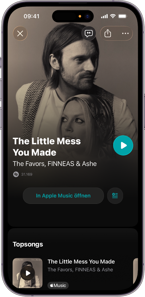 Die titelspezifische Seite in der Shazam-App mit dem Ergebnis der Musikerkennung