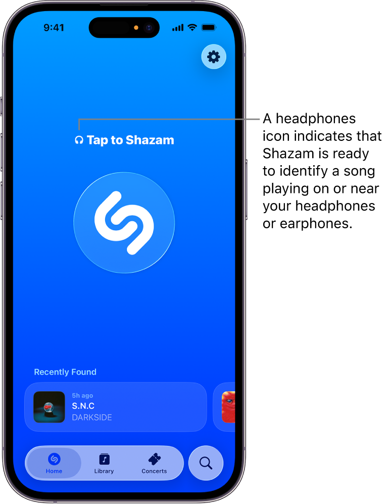 Shazam app home screen showing connected headphones