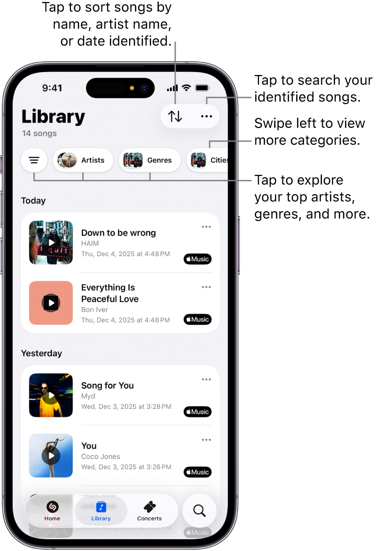 Shazam app Library showing search and sort options