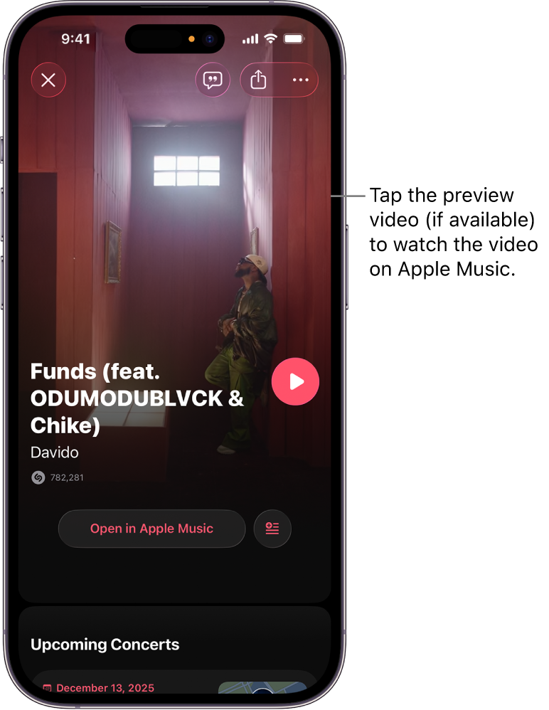 Shazam app track screen showing a video preview
