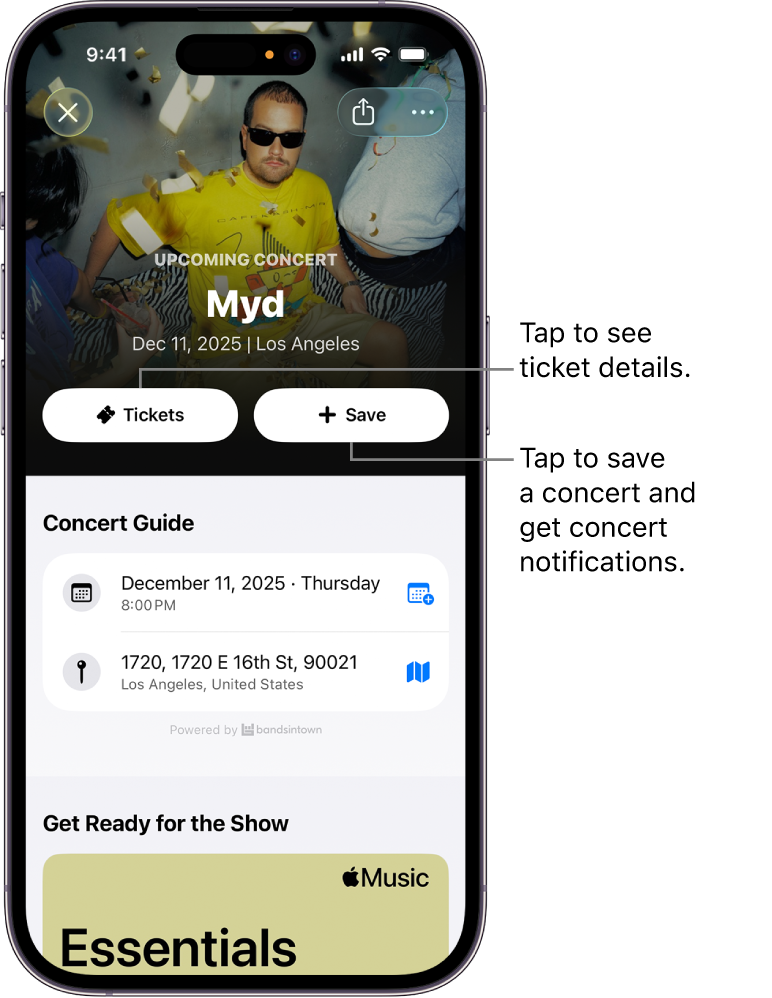Shazam app Concert Guide showing the Tickets and Save buttons