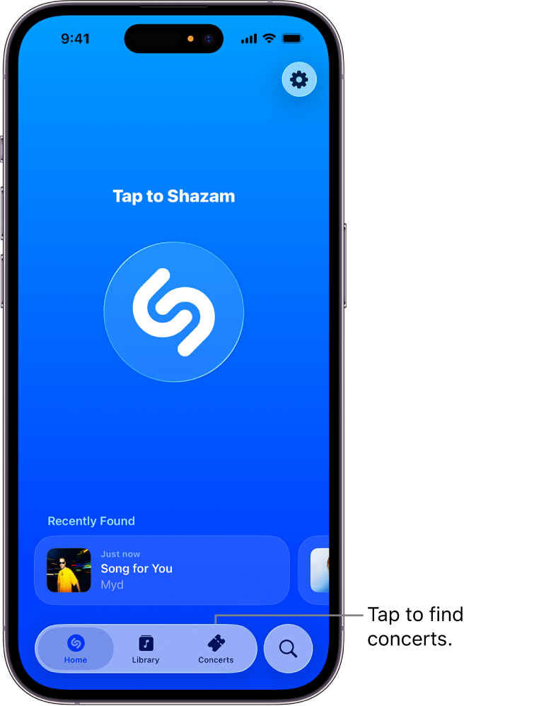 Shazam app home screen showing the Concerts button