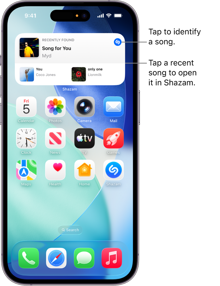 iPhone Home Screen showing Shazam widget