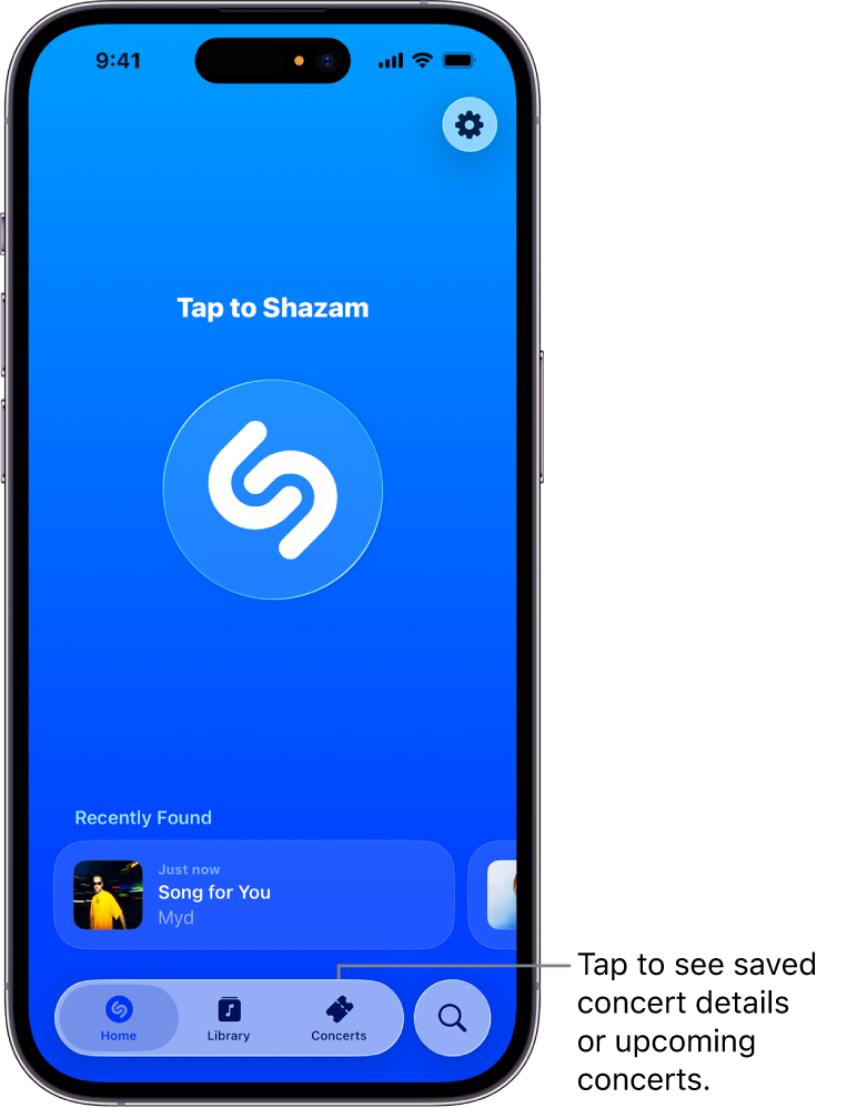 Shazam app home screen showing the Concerts button