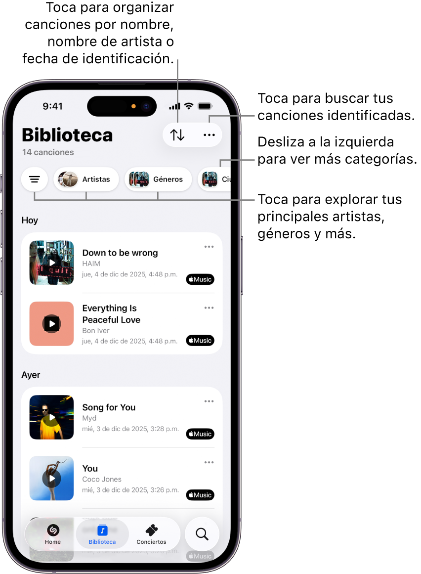 La biblioteca de la app Shazam mostrando las opciones para buscar y ordenar.