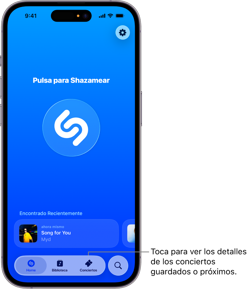 La pantalla de inicio de la app Shazam mostrando el botón Conciertos.