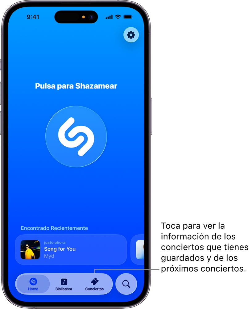 Pantalla de inicio de la app Shazam con el botón Conciertos.