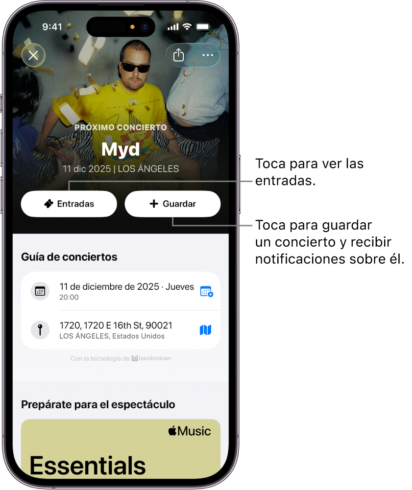 Guía de conciertos de la app Shazam con los botones “Entradas” y “Guardar”