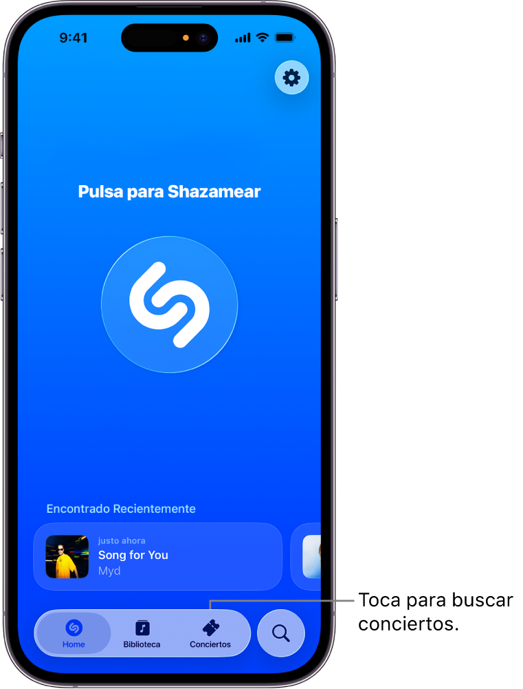 Pantalla de inicio de la app Shazam con el botón Conciertos.