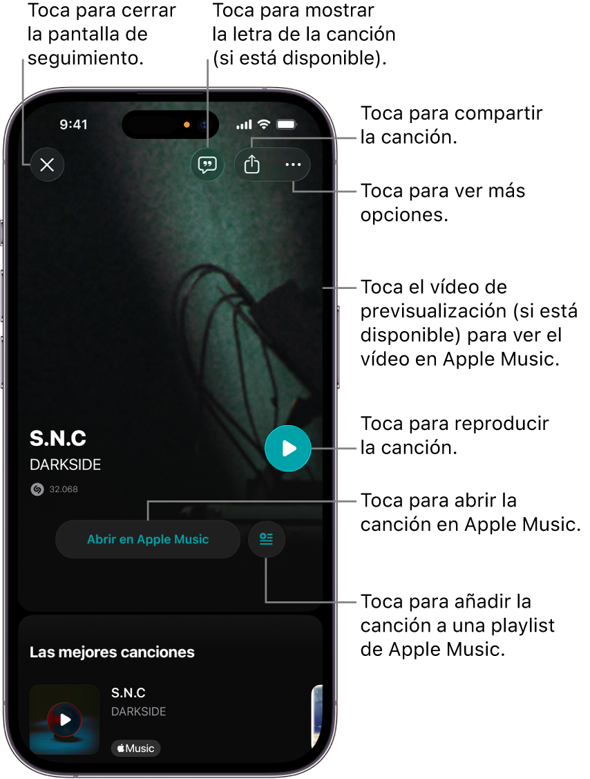 Controles de la pantalla de canción en el iPhone