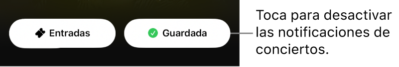 Botón “Guardar” activo (con marca de verificación) en la guía de conciertos de la app Shazam.