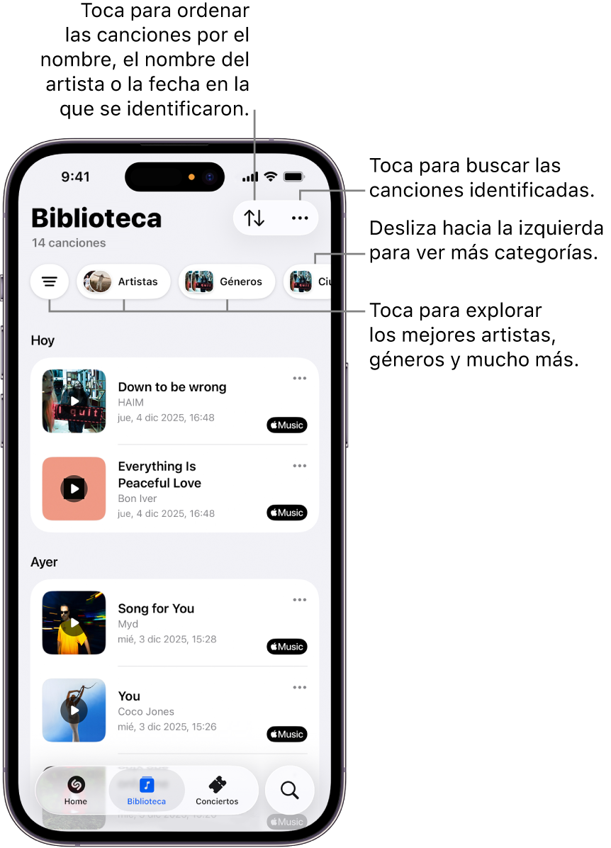 Biblioteca de la app Shazam con las opciones para ordenar y buscar