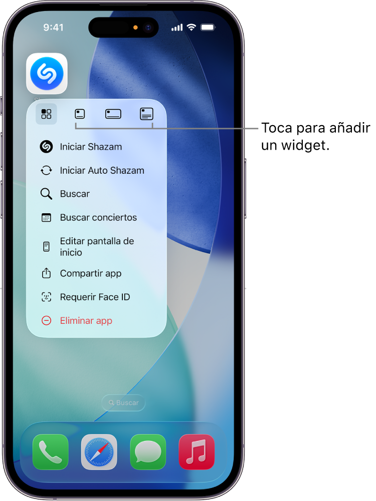 Menú emergente del icono de la app Shazam con las opciones de widget en la pantalla de inicio del iPhone