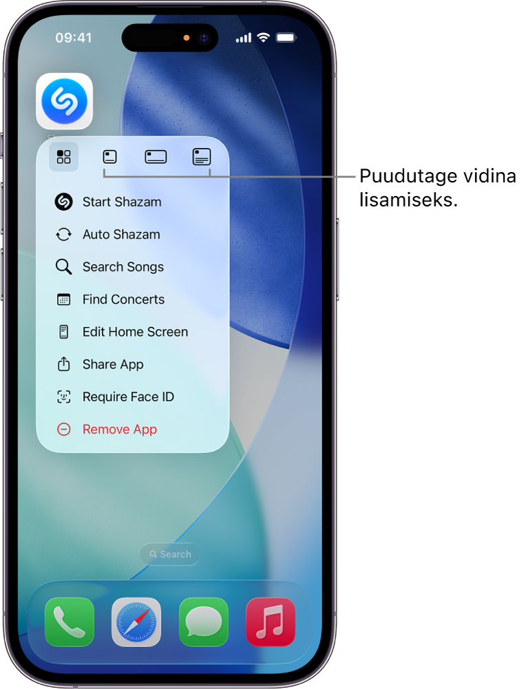 iPhone’i kuvas Home Screen (Avakuva) kuvatakse Shazami rakenduse ikooni hüpikmenüüs vidinavalikuid.
