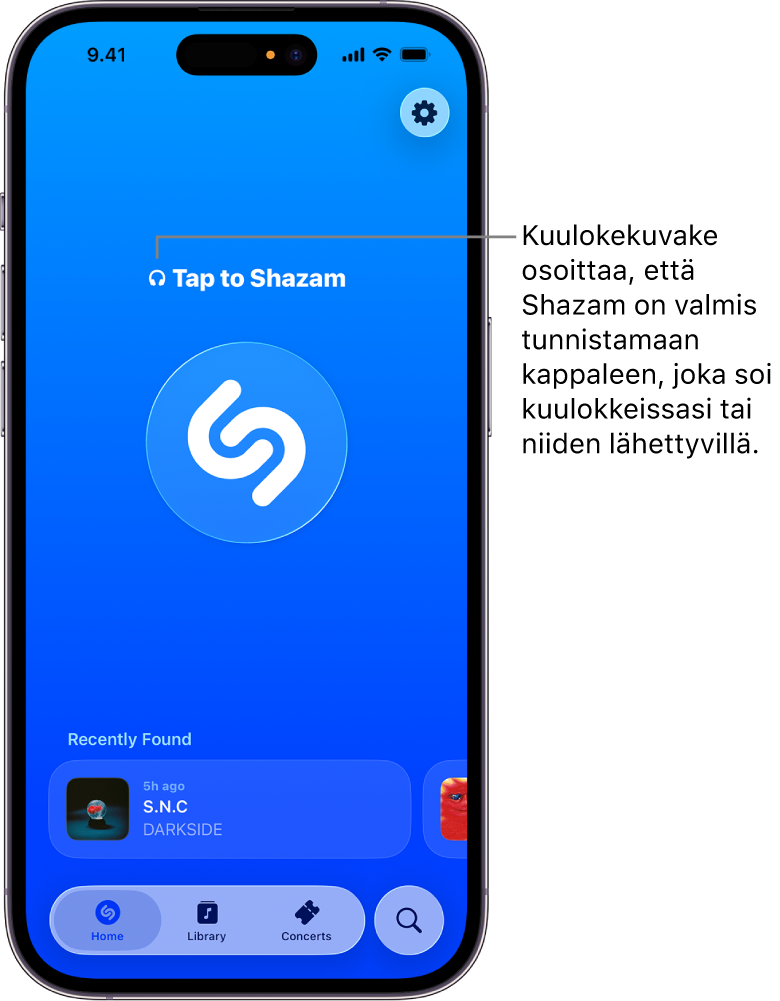 Shazam-apin Koti-valikko, jossa näkyvät yhdistetyt kuulokkeet