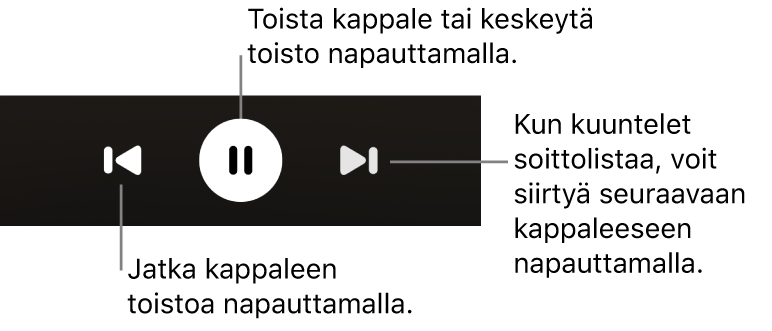 Toistossa nyt -näytön toistosäätimet, kuten Takaisin-painike, Toista/Keskeytä-painike ja Seuraava-painike