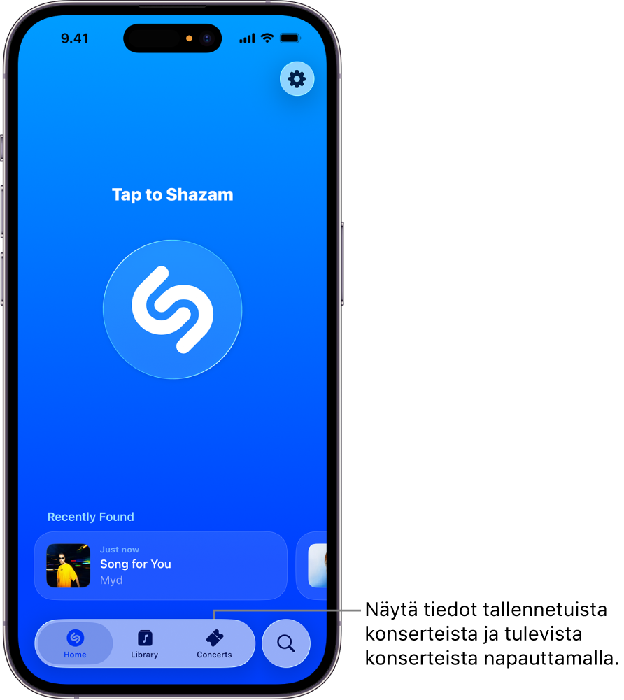 Shazam-apin Koti-valikko, jossa näkyy Concerts-painike