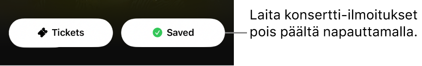 Aktiivinen Save-painike (valintamerkillä) Shazam-apin konserttioppaassa