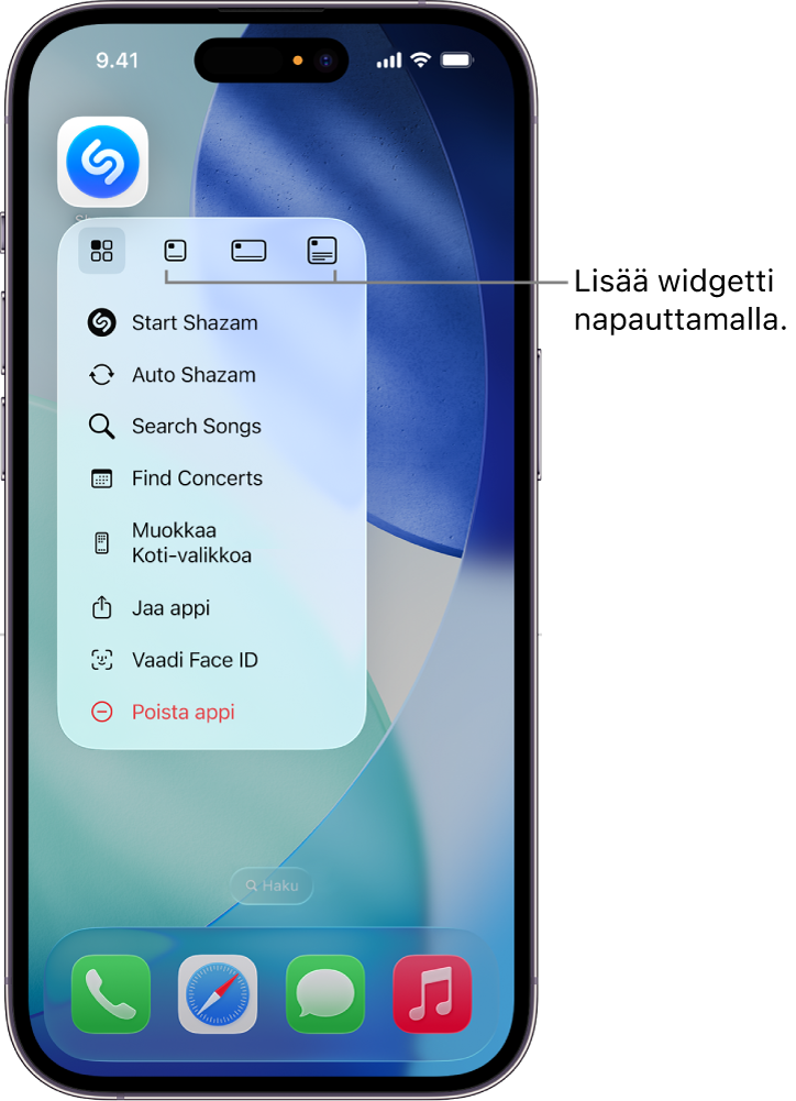 Shazam-apin kuvakkeen ponnahdusvalikko, jossa näkyvät iPhonen Koti-valikon widgettivalinnat