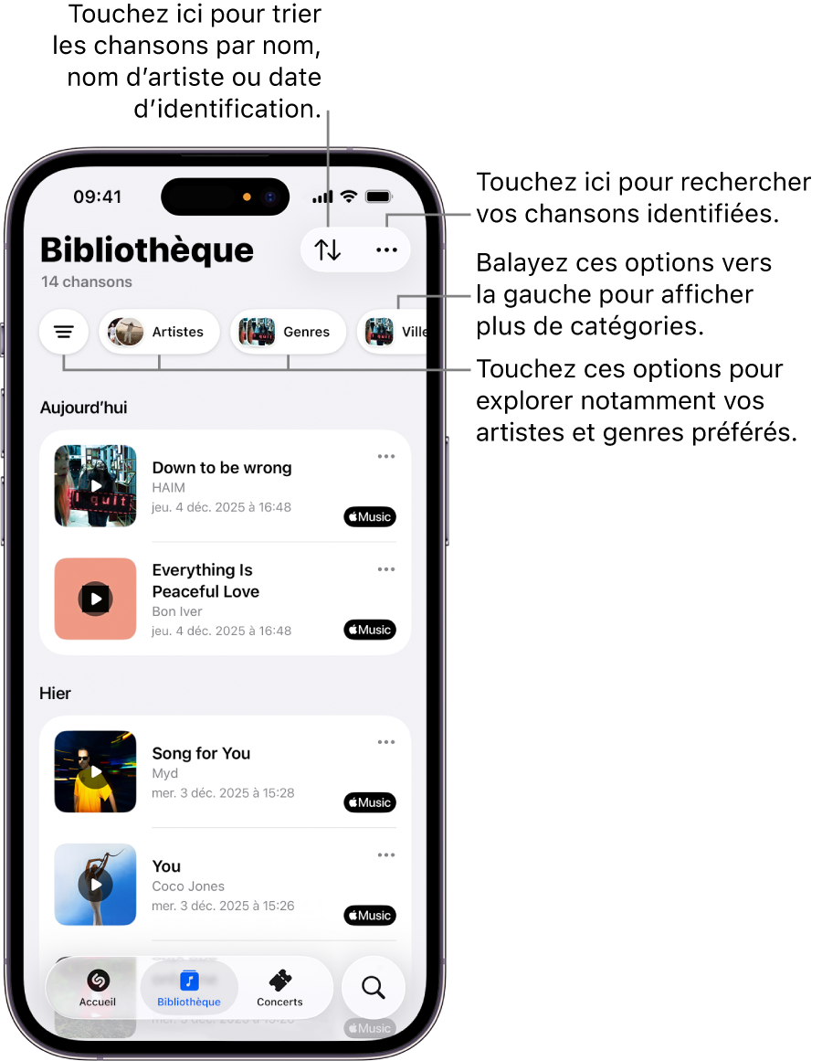 Bibliothèque de l’app Shazam affichant des options de recherche et de tri