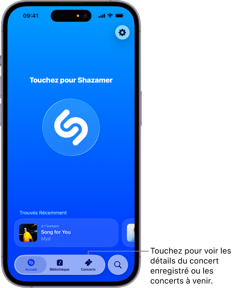 Écran d’accueil de l’app Shazam affichant le bouton Concerts