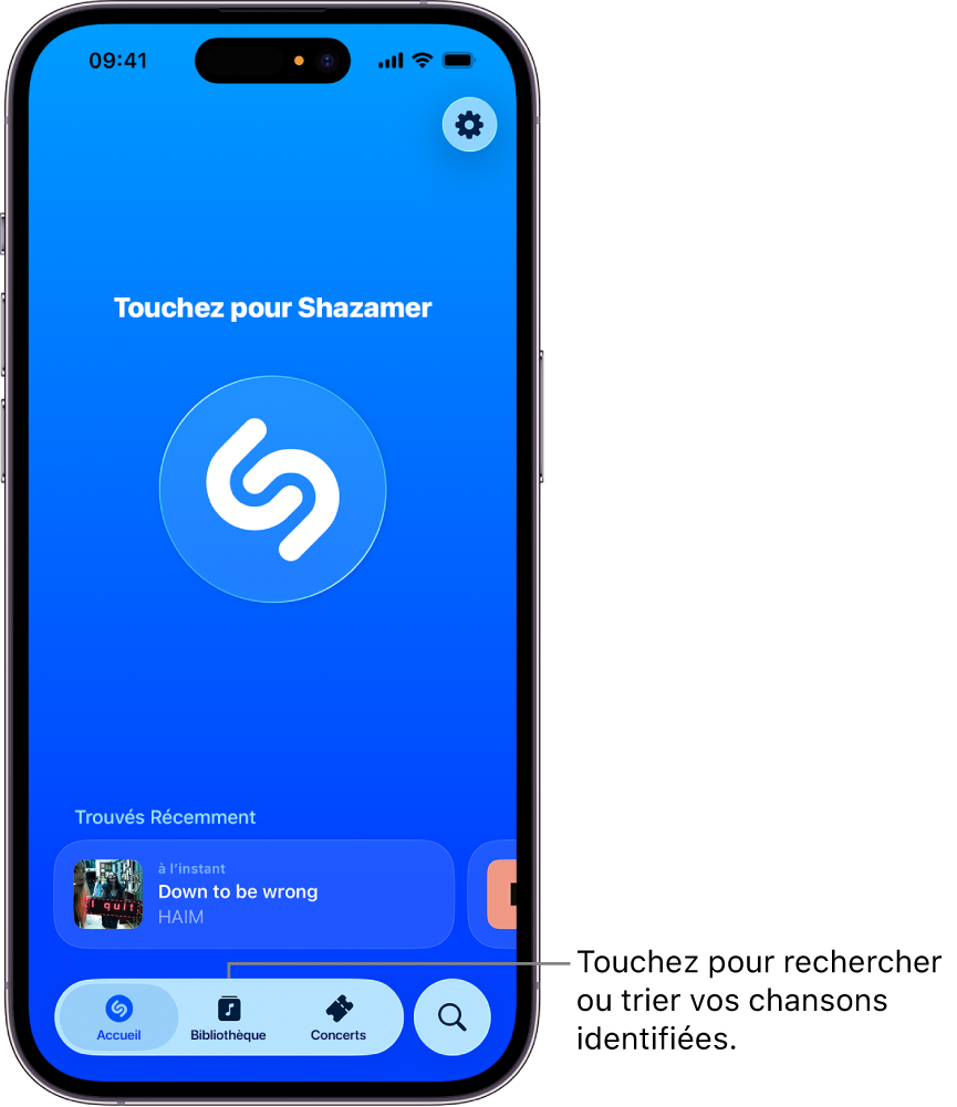 Écran d’accueil de l’app Shazam affichant le bouton Bibliothèque