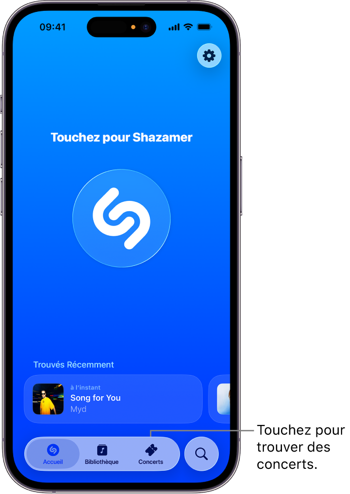 Écran d’accueil de l’app Shazam affichant le bouton Concerts
