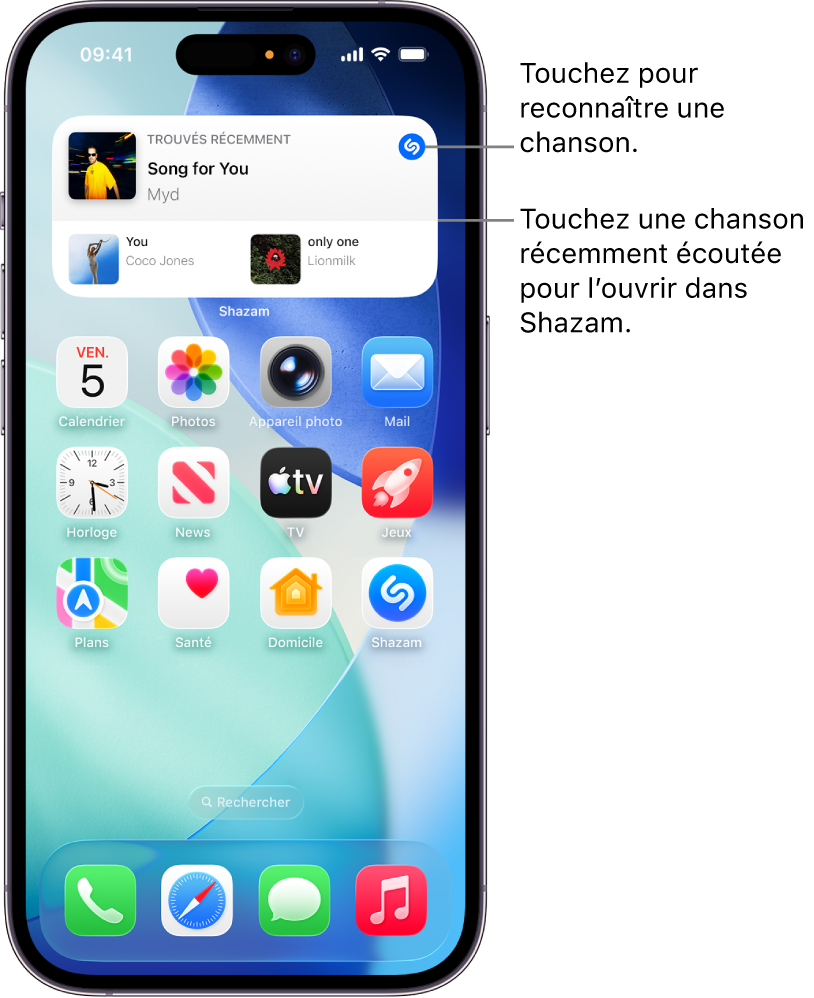 Écran d’accueil de l’iPhone affichant le widget de Shazam
