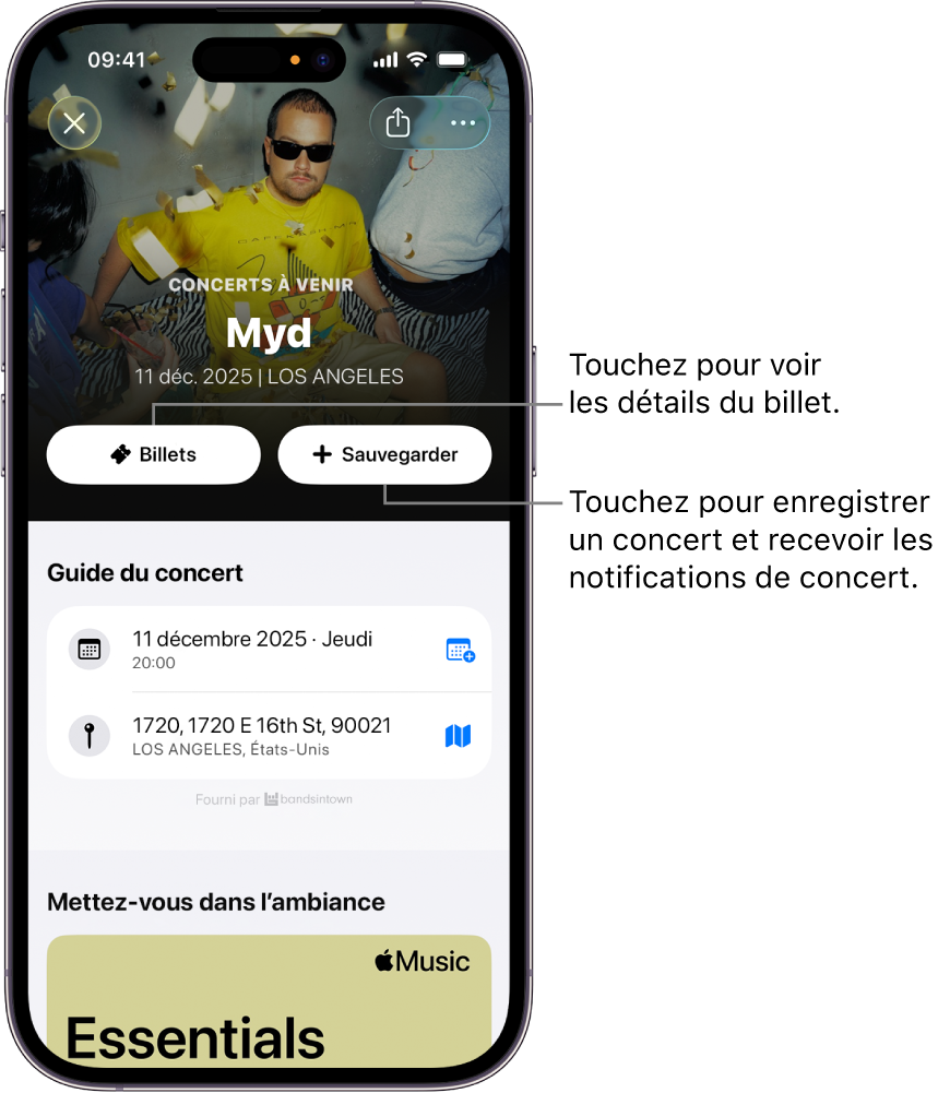 Guide de concert de l’app Shazam affichant les boutons Billets et Enregistrer