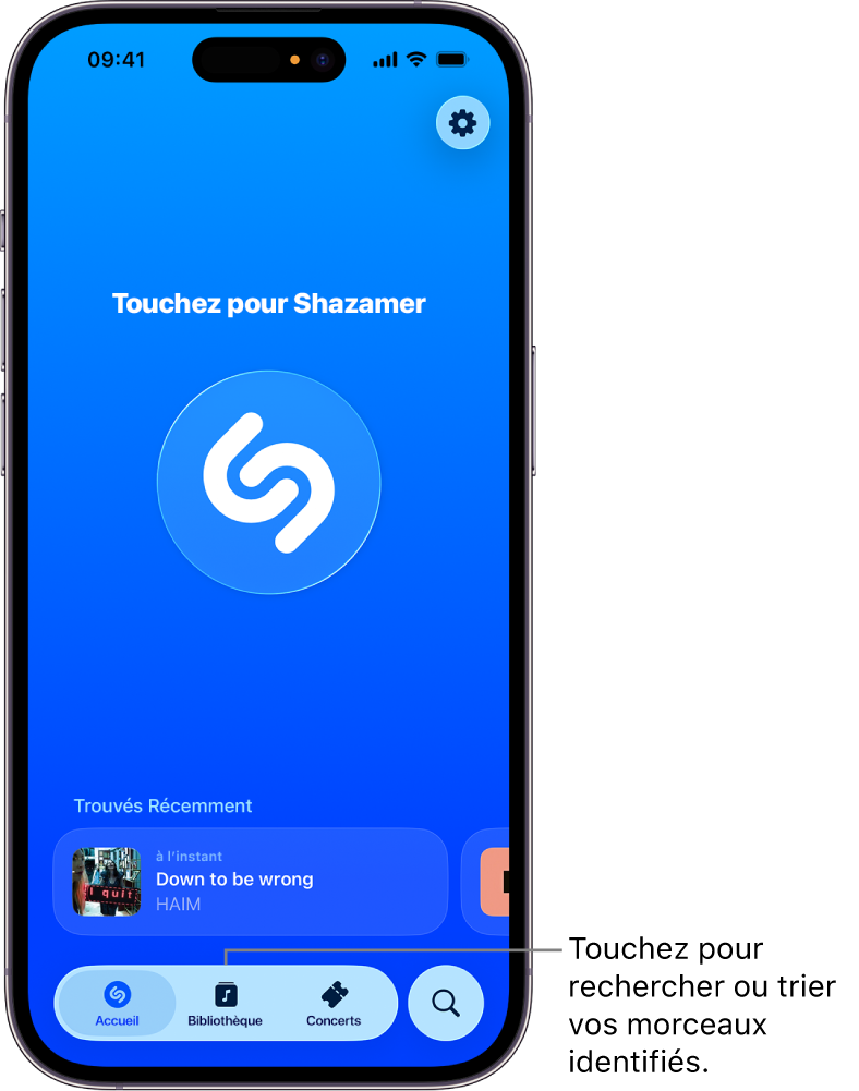 Écran d’accueil de l’app Shazam affichant le bouton Bibliothèque