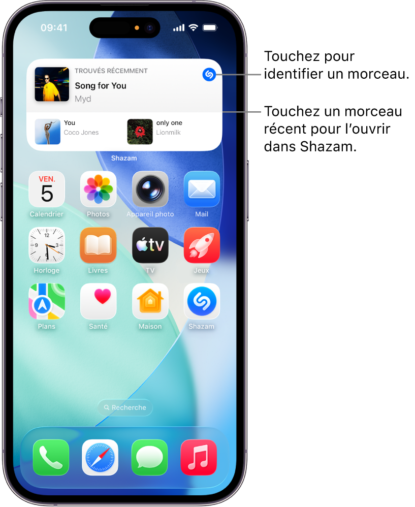 Écran d’accueil de l’iPhone affichant le widget Shazam