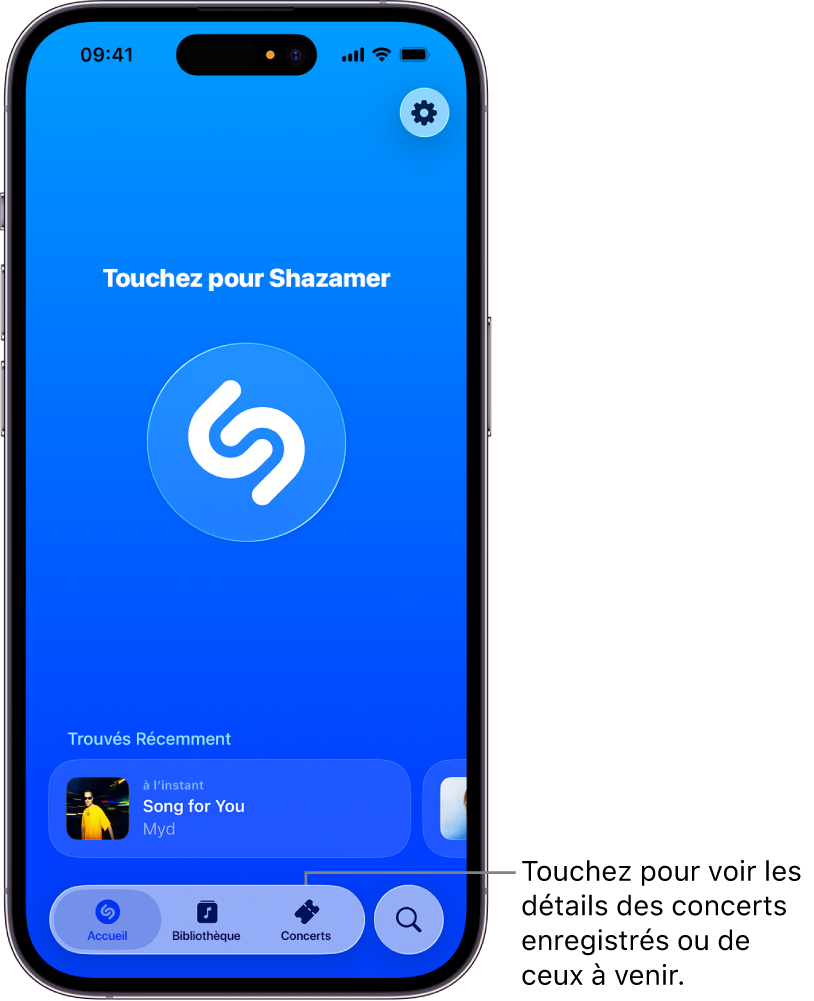 Écran d’accueil de l’app Shazam affichant le bouton Concerts