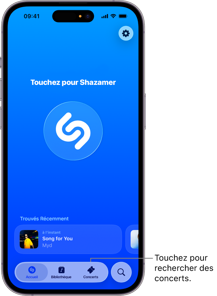 Écran d’accueil de l’app Shazam affichant le bouton Concerts