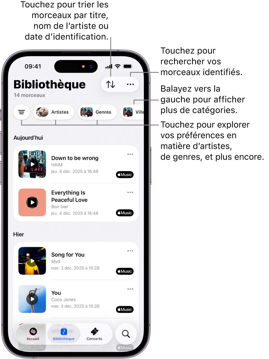 Bibliothèque de l’app Shazam affichant des options de recherche et de tri