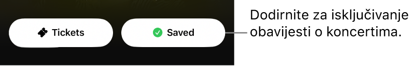 Aktivna tipka Save (Spremi) (s potvrdnom kućicom) u vodiču Shazam Concert Guide (Shazam vodič za koncerte)