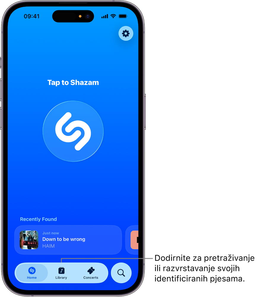 Početni zaslon aplikacije Shazam s prikazom tipke Library (Medijateka)