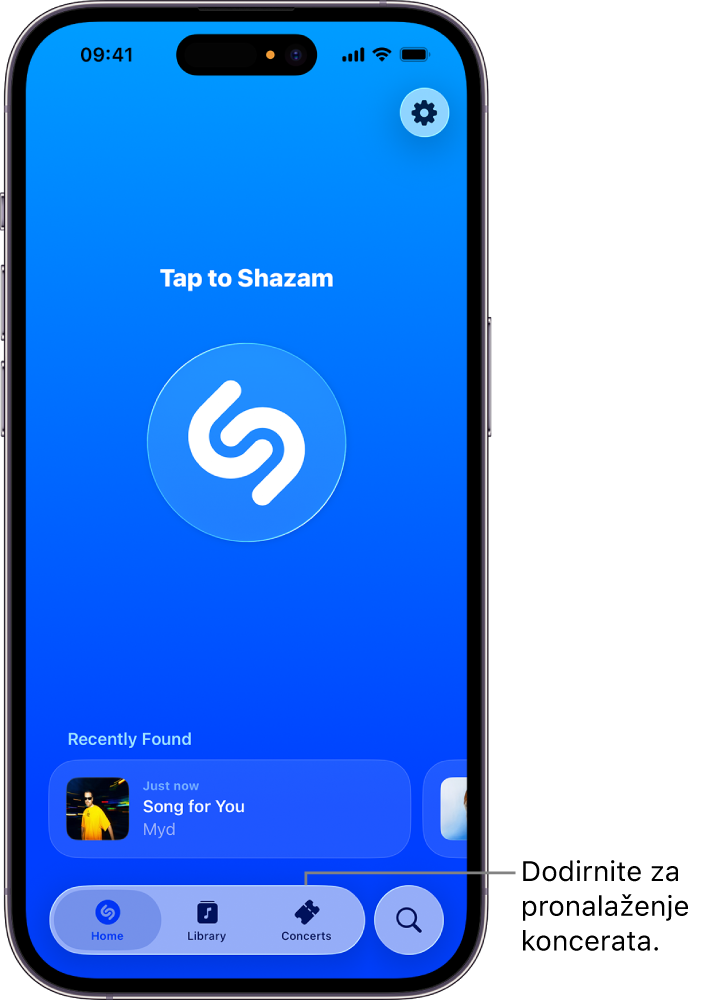 Početni zaslon aplikacije Shazam s prikazom tipke Concerts (Koncerti)