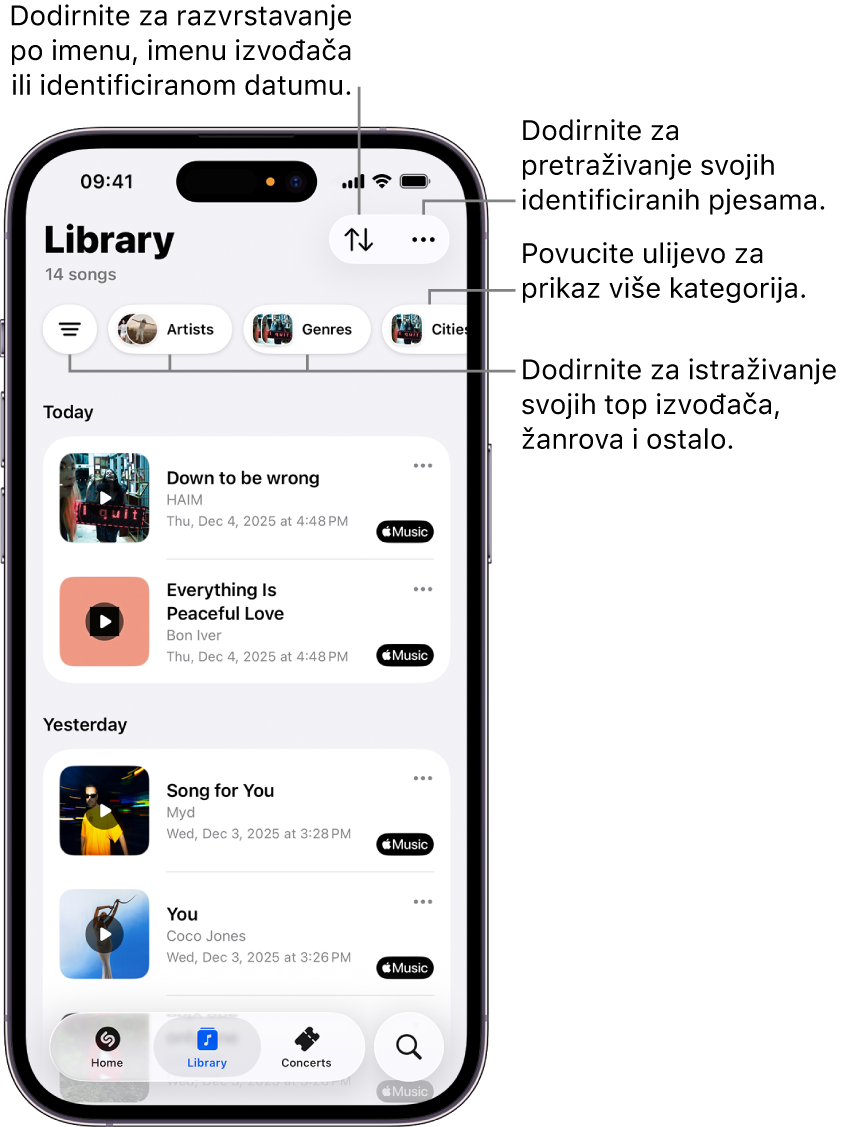 Library (Medijateka) aplikacije Shazam s prikazom opcija pretraživanja i sortiranja